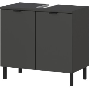 Germania Waschbeckenunterschrank in Graphit mit zwei Türen und schwarzen Metallfüßen.