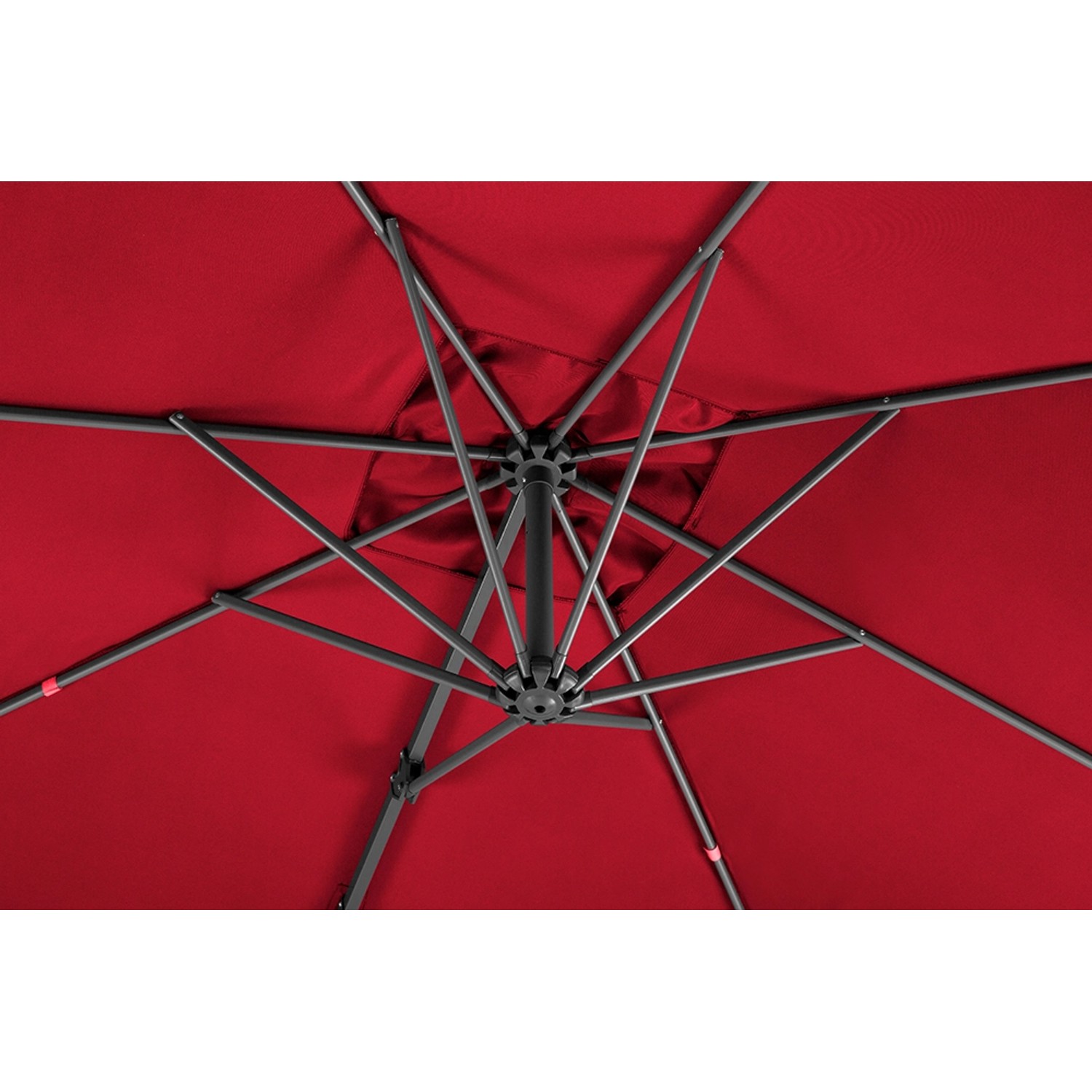 Detailaufnahme: Roter Schneider Ampelschirm 340x270 cm mit Dreh- und Neigungsfunktion.