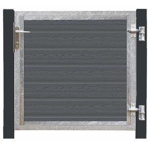 Einzeltor Artura WPC Schiefergrau, Gartentor mit Holzstruktur und grauschwarzen Pfosten.