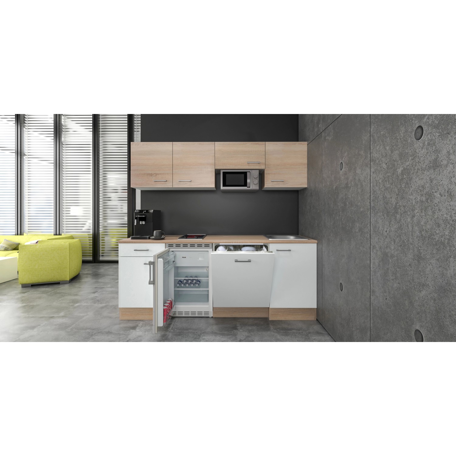 Flex-Well Classic Büroküche Florida, 210 cm, Weiß und Sonoma Eiche mit E-Geräten.