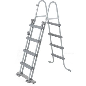 Graue Sicherheitsleiter für Chemoform Stahlwandpool Set, mit abnehmbarem Vorderteil.