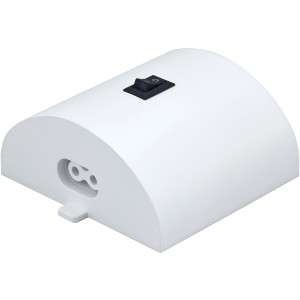 Weißes e2 elektro Schaltermodul für Lichtleisten-Systeme mit Schalter und Steckverbindung.