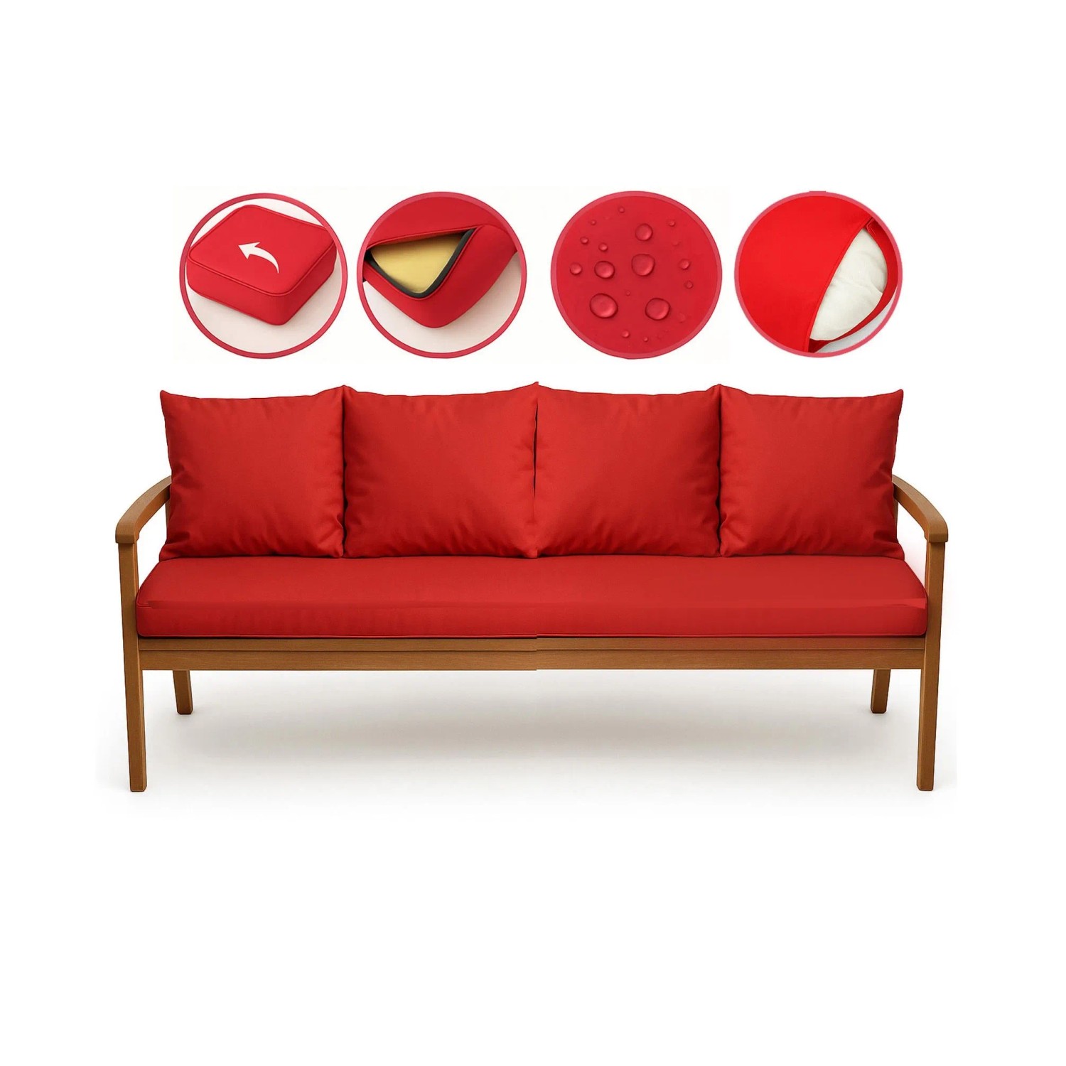 Rotes Setgarden Bankkissen-Set für 3-Sitzer Gartenbank, inklusive Sitz- und Rückenkissen.