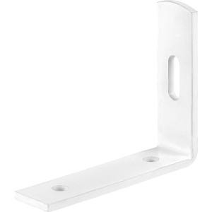 Weißer Gardinenwinkel, pulverbeschichtet, 95x55x13 mm, mit Langloch zur Verstellung.