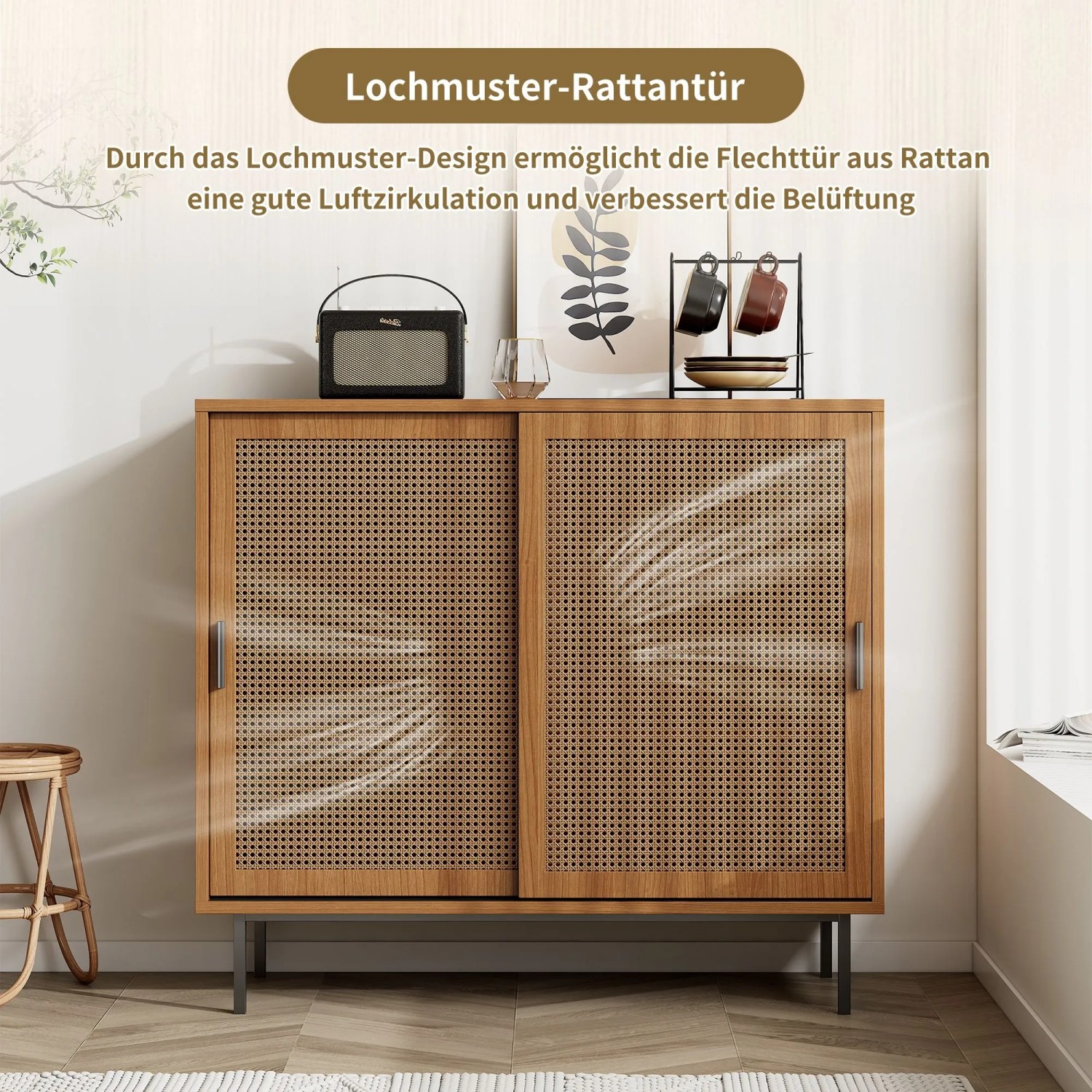 okwish Sideboard mit 2 Schiebetüren Ablage Wohnzimmer 100x90x37cm Braun_6