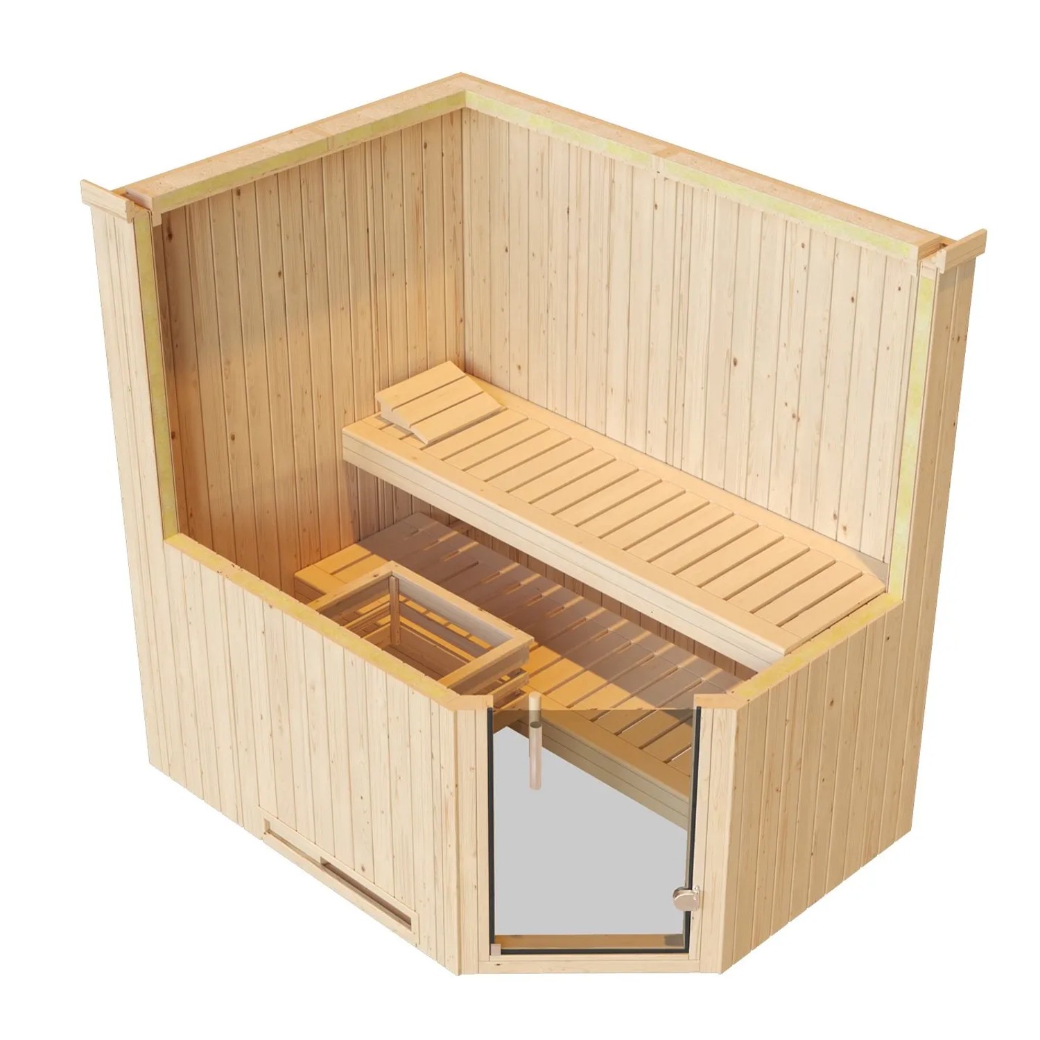 Weka Elementsauna Varberg Trend 1, weiße Holzsauna mit Glastür und Liegen.