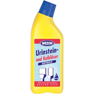 Wezon Urinsteinlöser 750ml in gelber Flasche mit blauem Deckel für Bad-Reinigung.