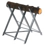 Einhell Kettensägebock aus Metall mit Holzstamm, zusammenklappbar und höhenverstellbar.