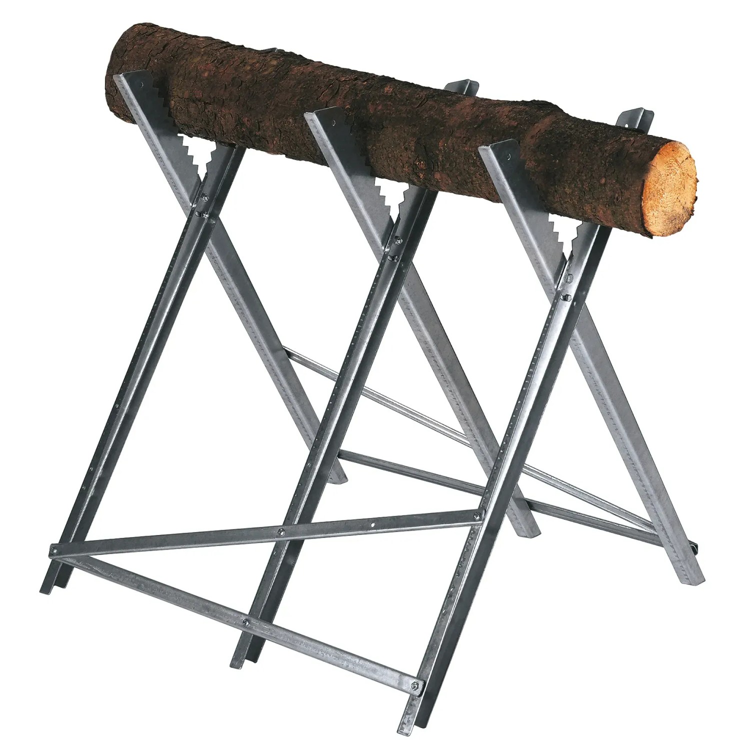 Einhell Kettensägebock aus Metall mit Holzstamm, zusammenklappbar und höhenverstellbar.