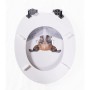 Weißer Sinobath WC-Sitz mit Absenkautomatik und Cartoon-Welpen-Motiv mit Brille und Zeitung.