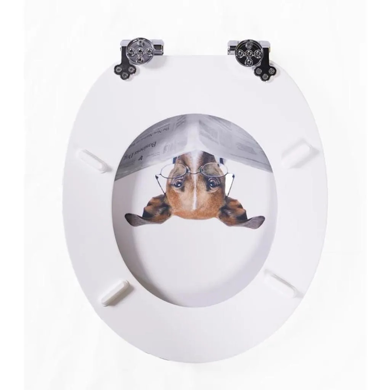 Weißer Sinobath WC-Sitz mit Absenkautomatik und Cartoon-Welpen-Motiv mit Brille und Zeitung.