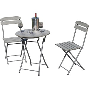 Graues 3-teiliges Balkon-Set Lugo mit klappbarem Tisch und zwei Stühlen.