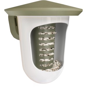 SingingFriend Vogelfutter-Spender Multi Feedr, grün-weiß, gefüllt mit Sonnenblumenkernen.