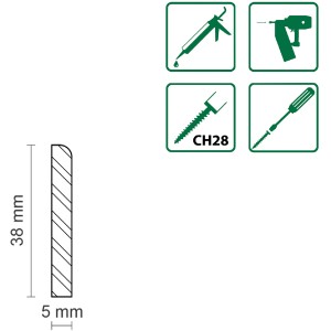Profilzeichnung FN Neuhofer Sockelleiste SF428, Fichte/Kiefer, 5x38x2400 mm, unbehandelt, mit Montagehinweisen.