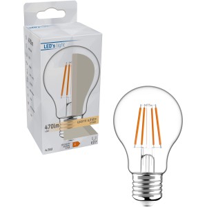 E27 LED-Filament Leuchtmittel A60, 4,5W, 470 Lumen, warmweiß, klassische Glühbirnenform.