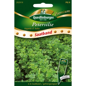Quedlinburger Petersilie Gigante DItalia Saatband Packung mit grünen Petersilienblättern.