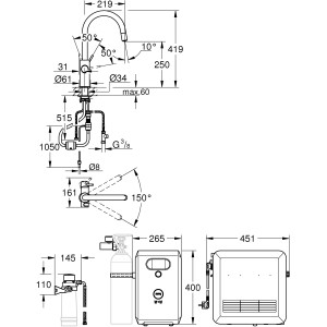 Technische Zeichnung: Grohe Mono Armatur Set Blue Professional Supersteel, Filtersystem mit Maßen.
