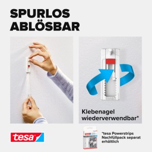 Tesa Klebenagel, spurlos ablösbar von Tapete/Putz. Zeigt Entfernung per Hand, verstellbaren Kopf. Wiederverwendbar.