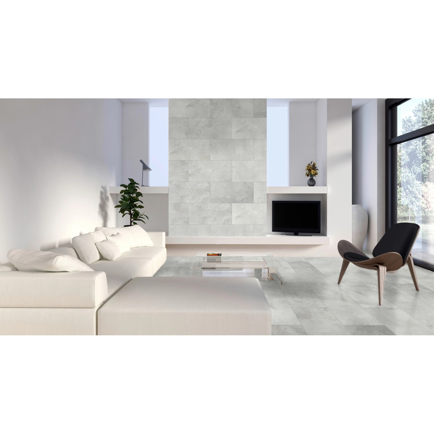 Heller Wohnraum mit Classen Ceramin Fliese Neo Vario Breccia in Steinoptik als Boden- und Wandfliese.