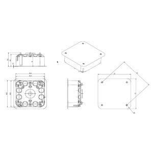 Technische Zeichnung: Hohlwand-Abzweigkasten 115x115x47mm, orange/weiß, IP30, mit Maßen.