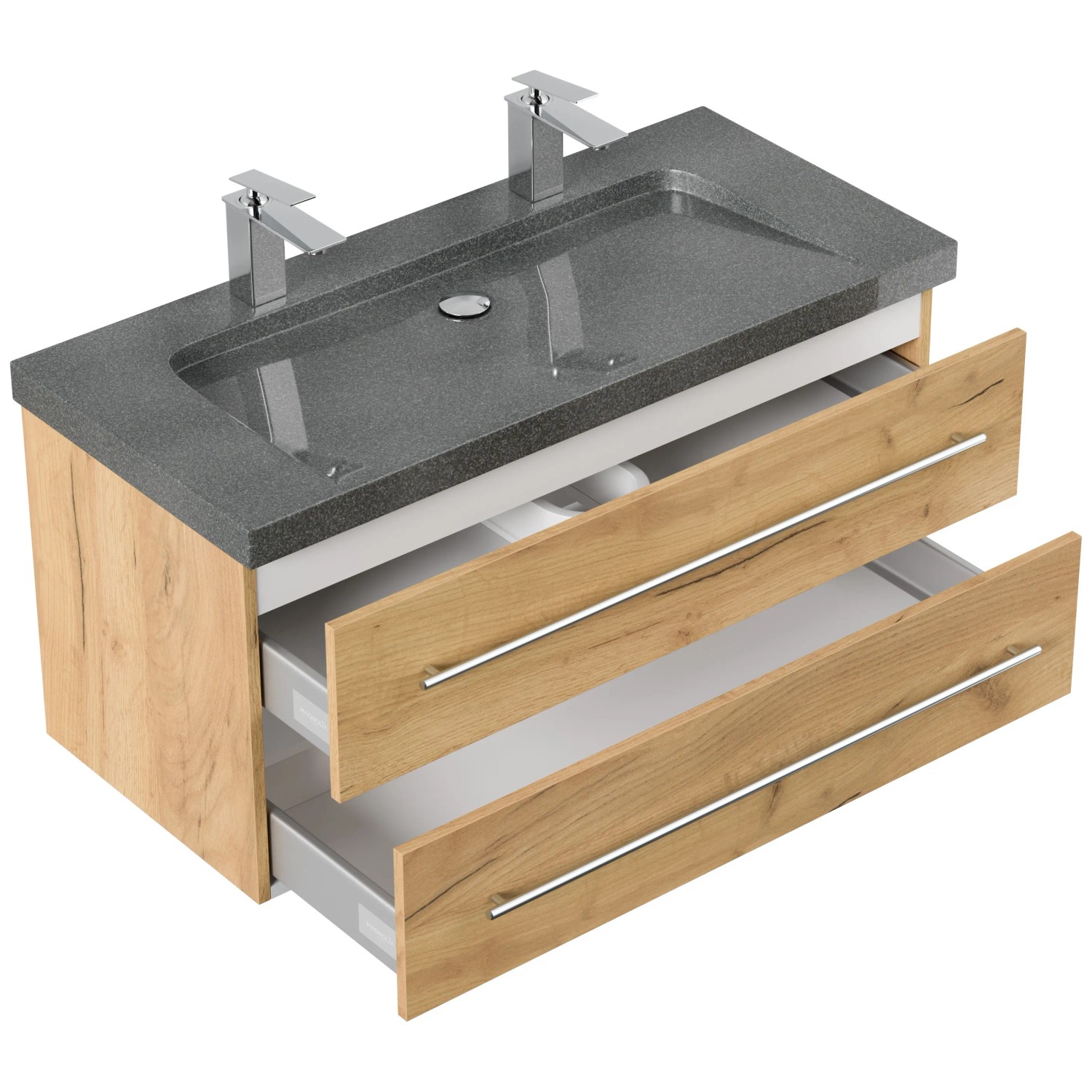 Posseik Badmöbel-Set Yamo, Eiche Gold, mit Granit-Waschbecken und zwei Schubladen mit SoftClose.