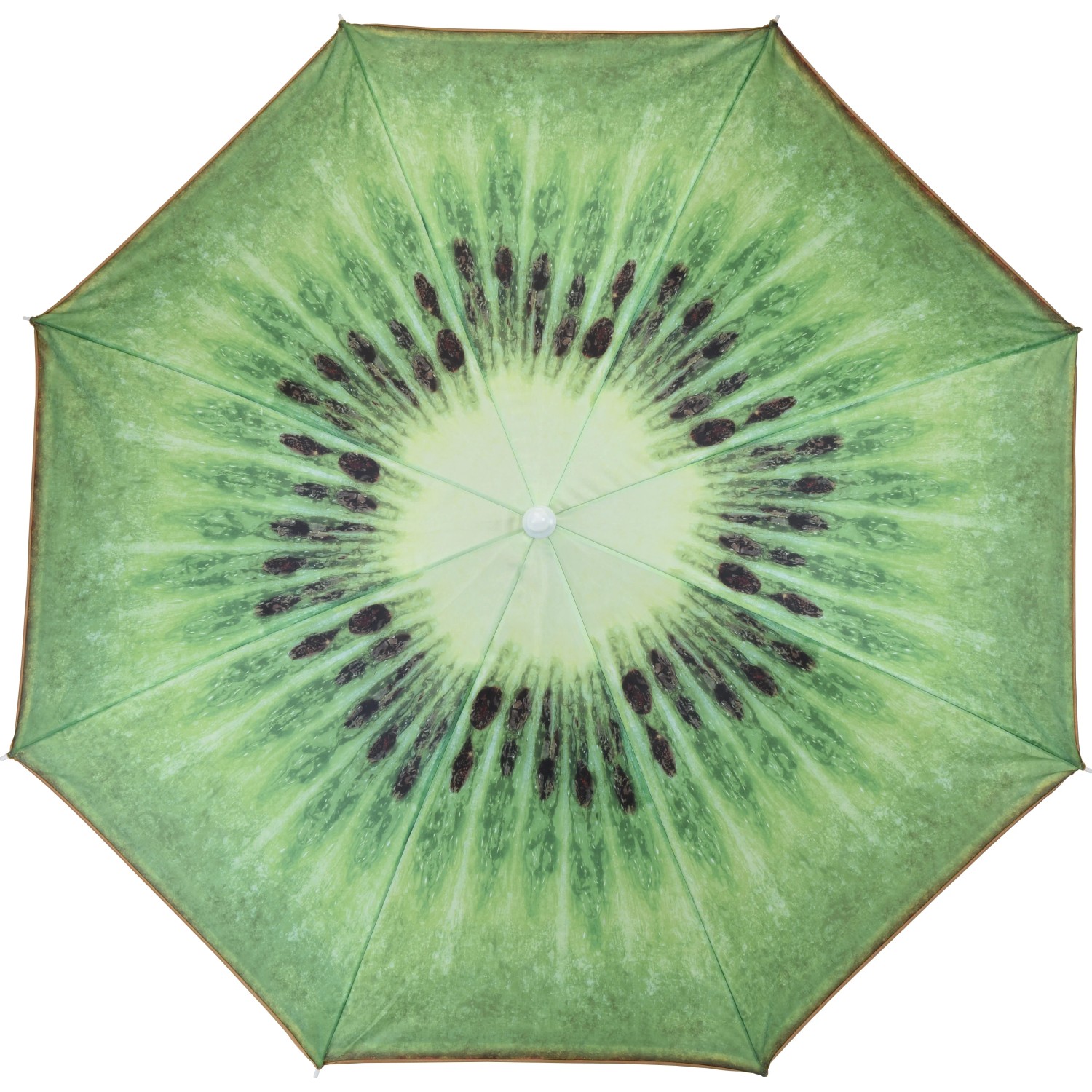 Strandsonnenschirm im Kiwi Design, Ø 180 cm. Balkonschirm mit Fruchtdruck.