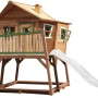 Axi Max Spielhaus mit Rutsche, braun-grün, mit Leiter und Sandkasten unter dem Haus.