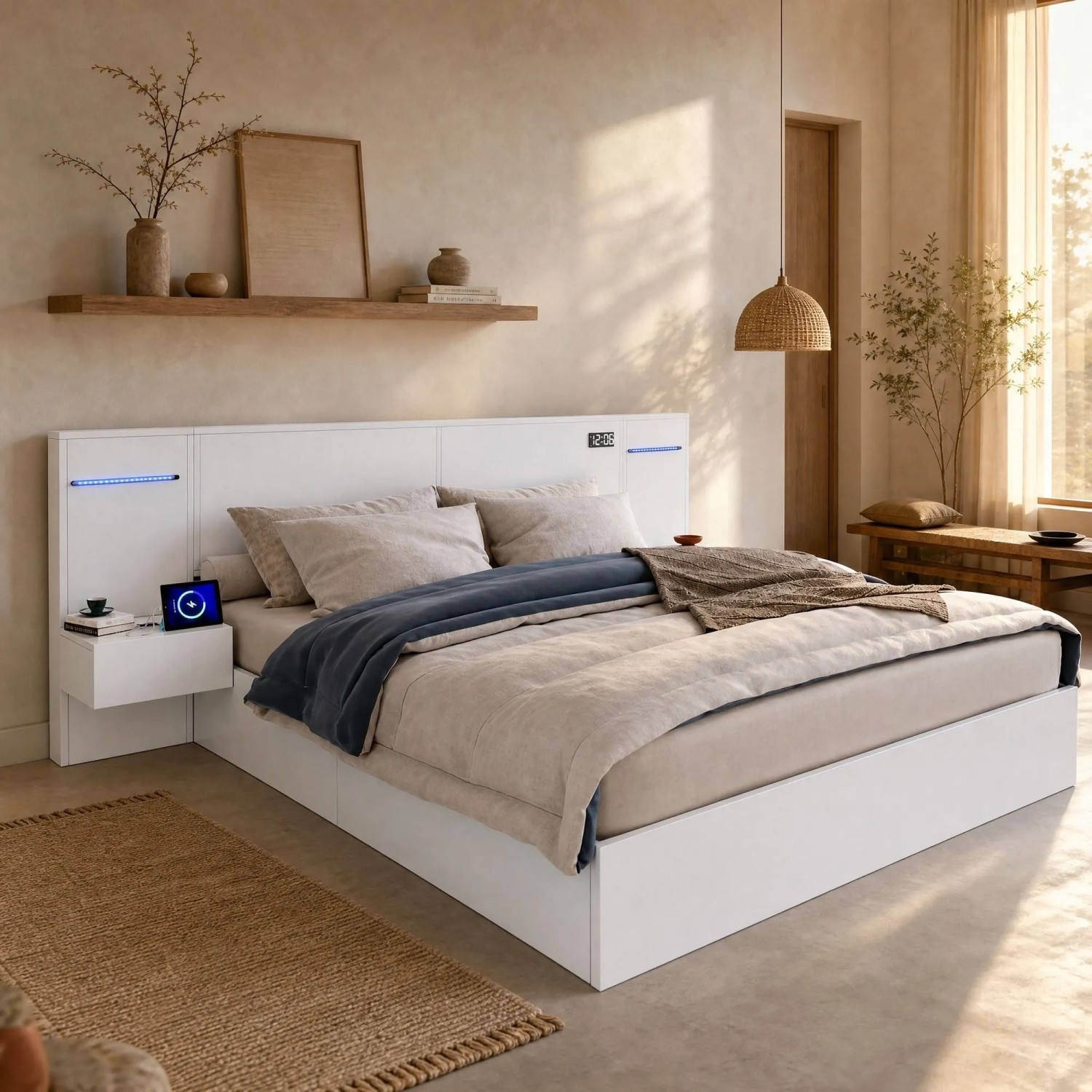 okwish Doppelbett 160x200cm mit USB Anschluss Lautsprecher Schlafzimmer Weiß ohne Matratze_2