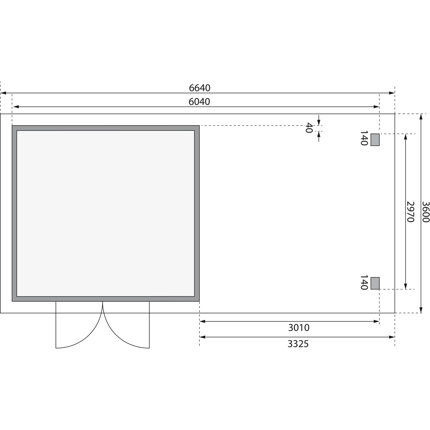 Grundriss Karibu Holz-Gartenhaus Karlskoga Natur, Pultdach, 305x305 cm, Maße und Anordnung.