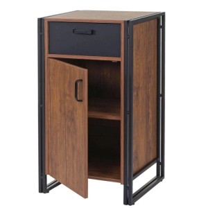MCW Kommode A27 mit Schublade und zwei Türen, Holzoptik mit schwarzem Metallgestell.