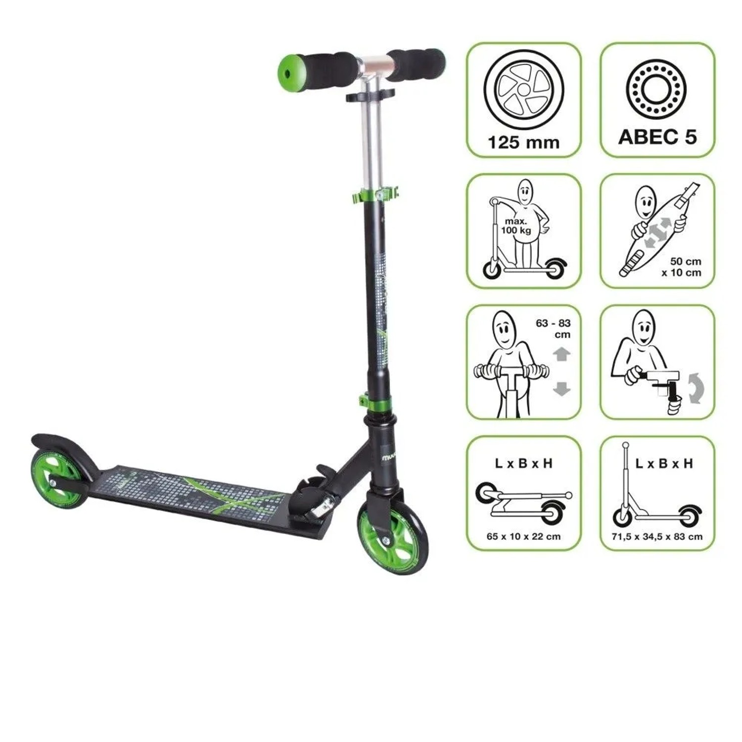 Muuwmi Aluminium Scooter Tretroller schwarz-grün, 125 mm Rollen, ABEC 5, höhenverstellbar, klappbar.