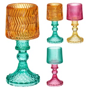 Teelichthalter aus Glas, 3-fach sortiert in Pink, Orange und Blau, Ø 8 cm x 17,5 cm.