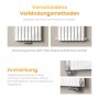 Weißer Emke Design Flachheizkörper, vertikal montiert, zeigt flexible G1/2" Anschlussmöglichkeiten (Mitte, Seite).