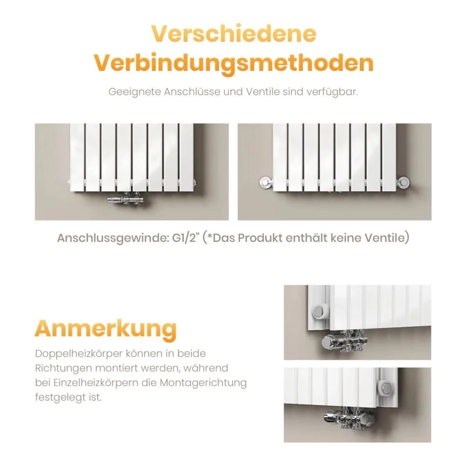 Weißer Emke Design Flachheizkörper, vertikal montiert, zeigt flexible G1/2" Anschlussmöglichkeiten (Mitte, Seite).