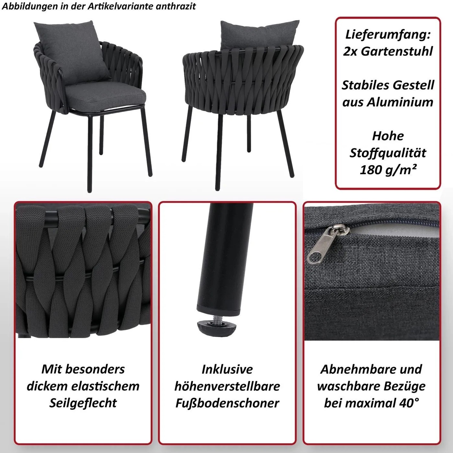 2er Set grüne Gartenstühle mit Seilgeflecht und Aluminiumgestell, inklusive Kissen.