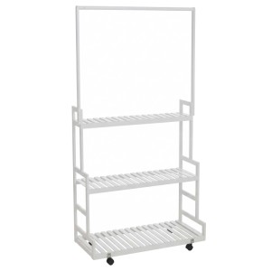 Weißes MCW Bambus Pflanzenregal mit 3 Ablagen, Stange und Rollen, 175x93x38cm.