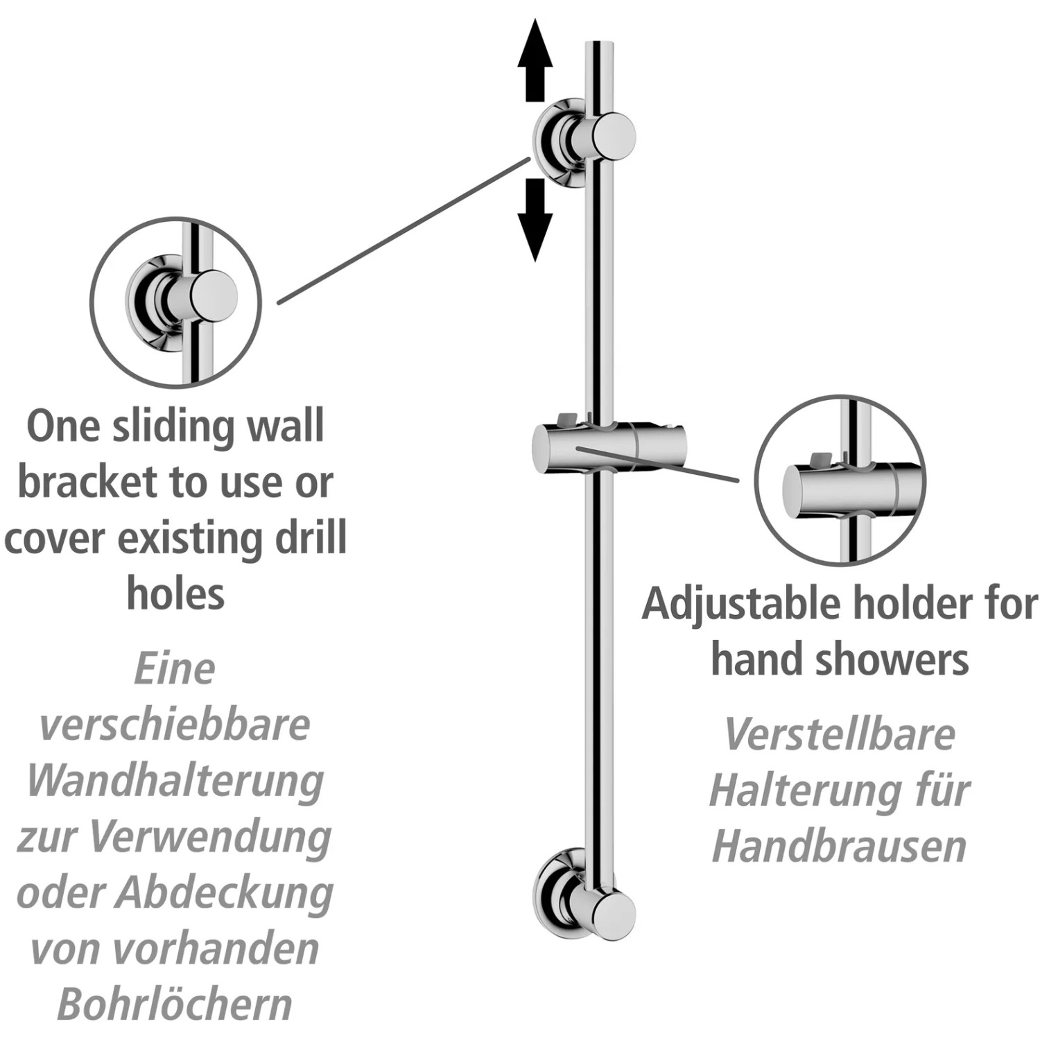 Wenko Duschstange Chrom, zur Wandmontage ohne Bohren, mit verstellbarem Brausehalter.
