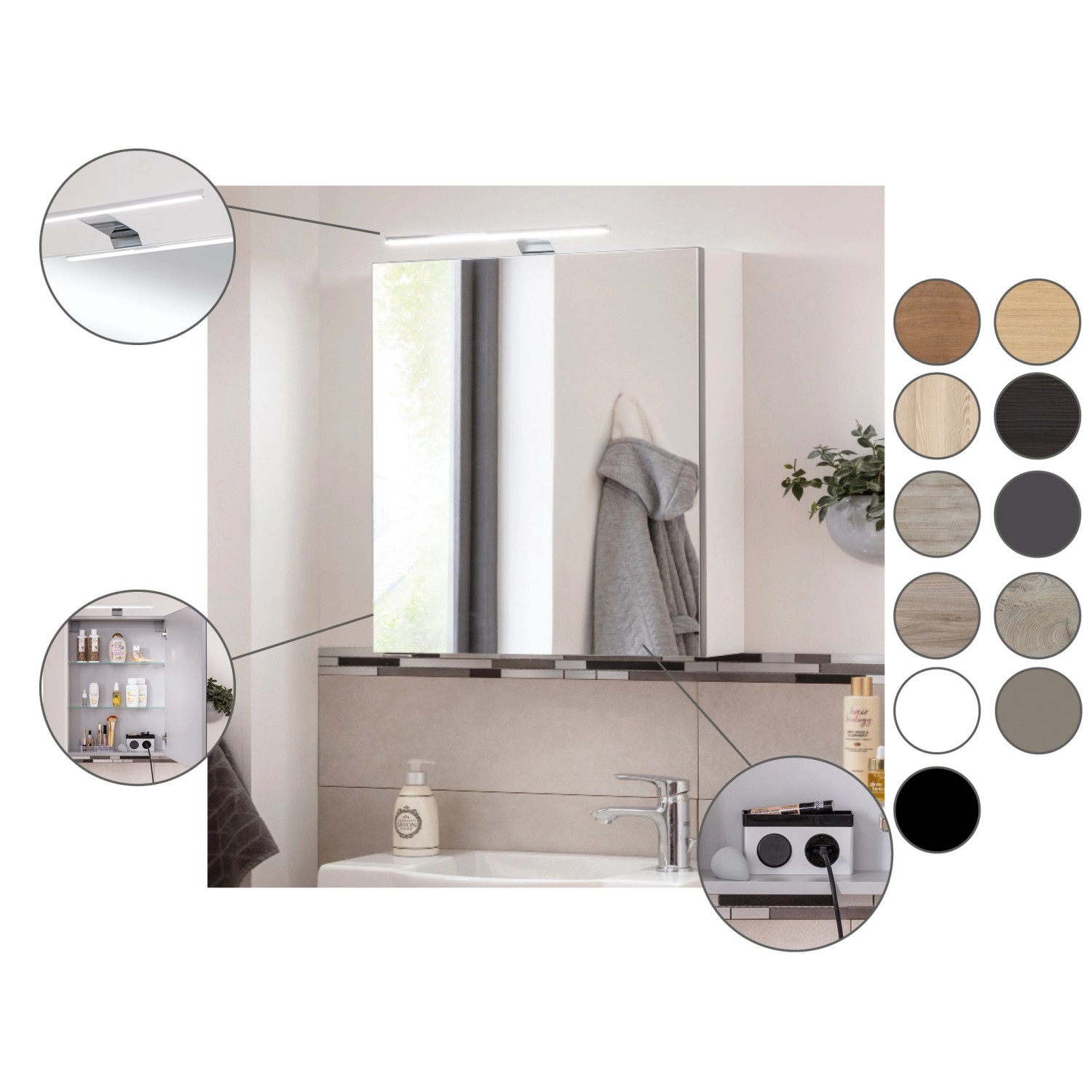 Fackelmann LED-Spiegelschrank SBC Cubanit Grau, 50 cm breit. Badmöbel-Set mit Spiegeltür und Beleuchtung.