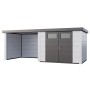 Modernes Gerätehaus Classico 3024 mit Lounge, weiß und grau, ideal für Garten und Freizeit.