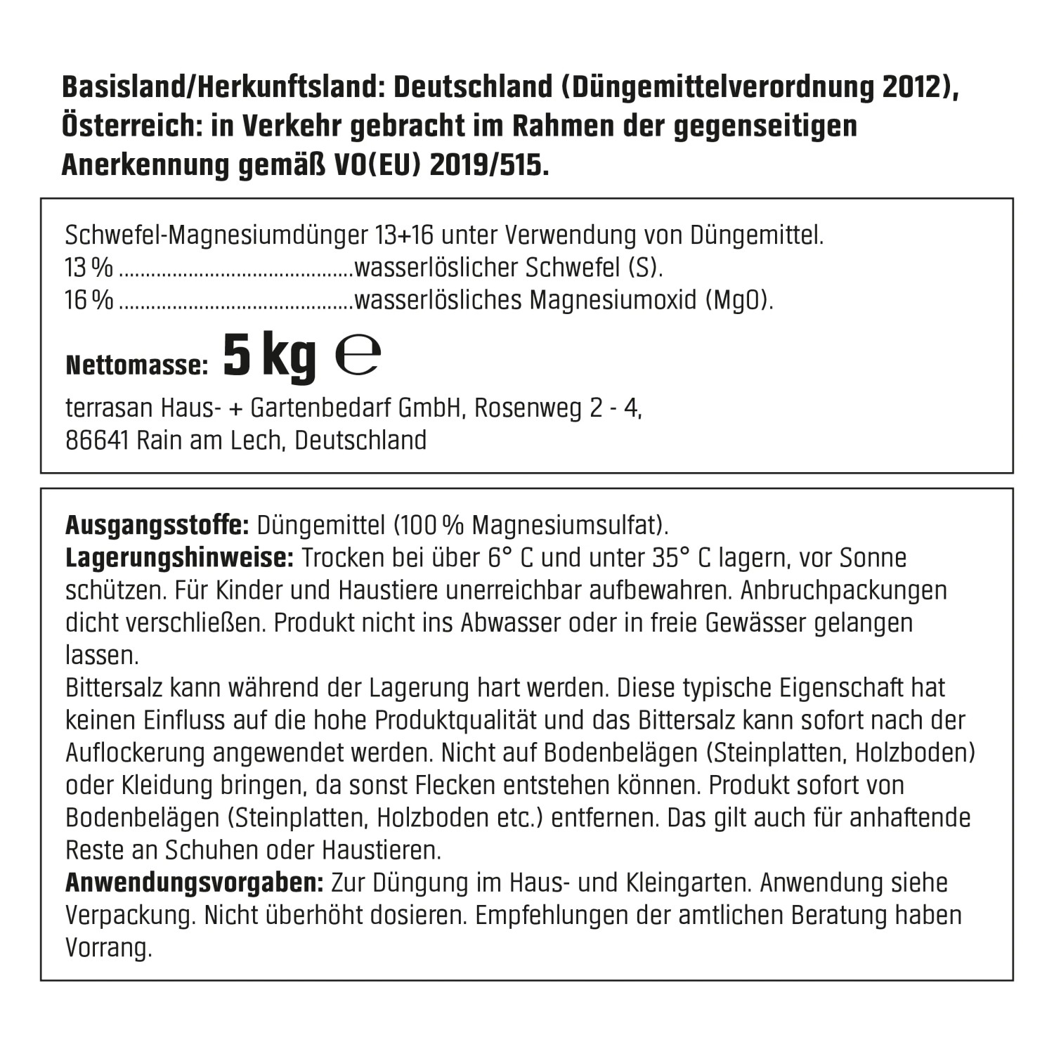 Verpackung Bittersalz 5 kg: Magnesiumdünger zur Vorbeugung von Nadelbräune.
