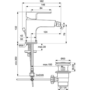 Technische Zeichnung Ideal Standard Esla Bidetarmatur Chrom mit Maßen.