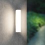 Dunkelgraue OBI LIGHTING LED-Außenwandleuchte Luino an einer Wand. Zylindrische Form, warmweißes Licht.