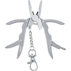 Silberne LUX Multitool-Zange mit Schlüsselanhänger, verschiedene Werkzeuge ausgeklappt.