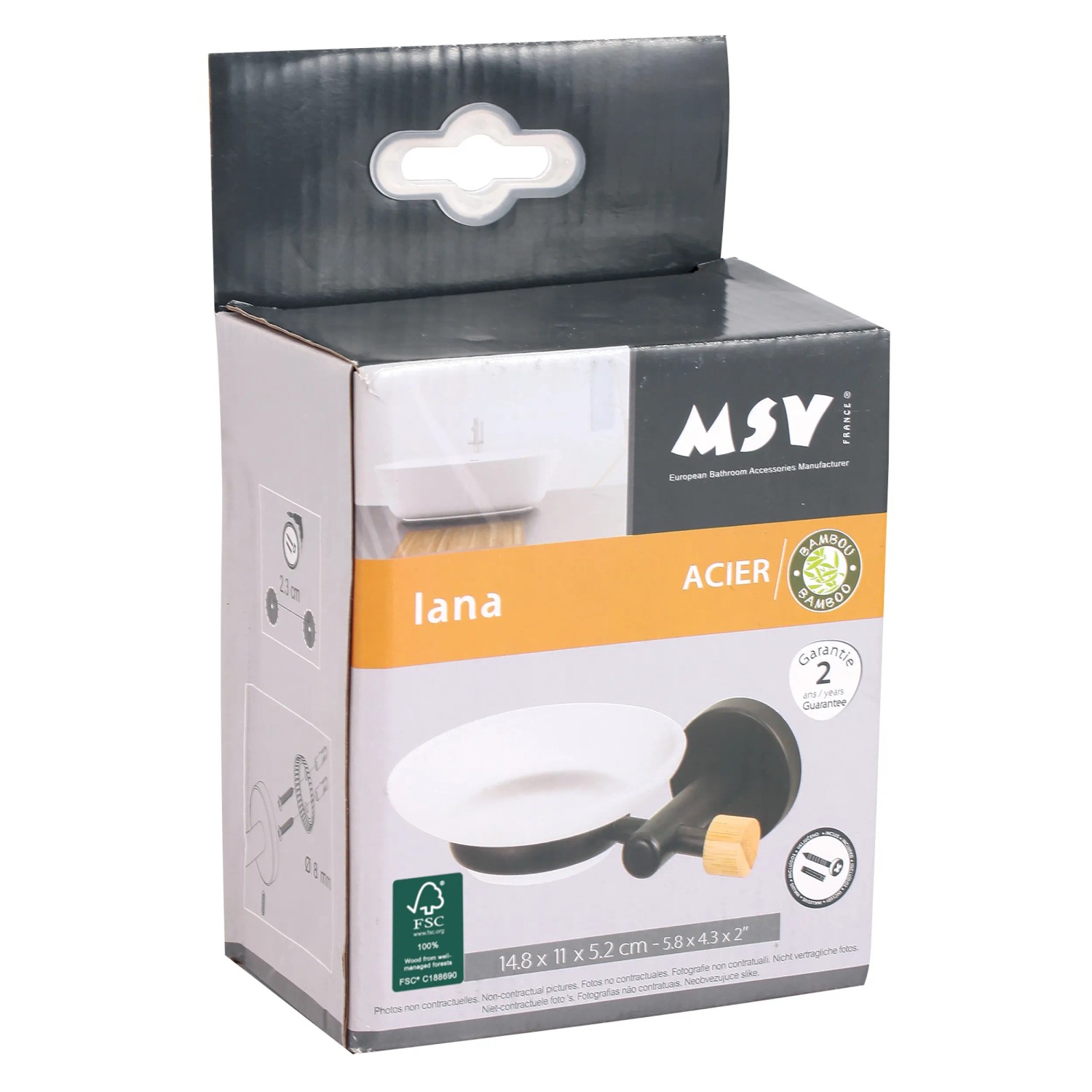 MSV Seifenschale Iana in Schwarz, Wandmontage, Stahl und Bambus, verpackt.