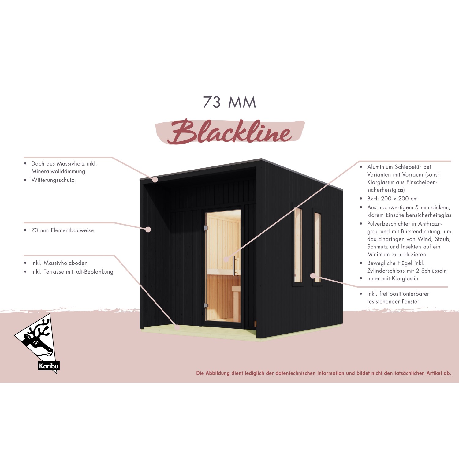 Karibu Saunahaus Rapallo, naturbelassen. Garten Sauna mit Tür und Fenster.