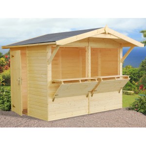 Palmako Marktstand Stella, 273x190 cm, unbehandeltes Holz mit ausklappbarer Theke und Tür.