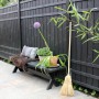 Schwarzer Sichtschutzzaun Rustik Nadelholz (180x180cm) mit Bank, Pflanzen und Besen im Garten.