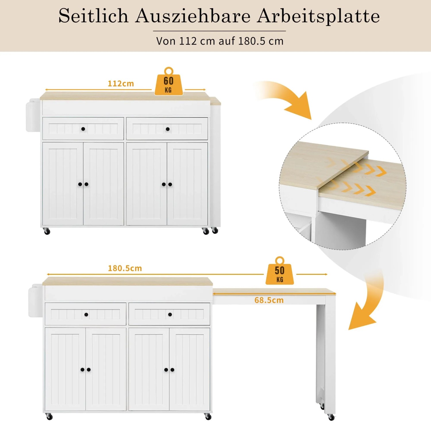 okwish Kücheninsel mit Ausziehfunktion Rollen Schubladen 112-180.5x45x92.2cm Weiß Natur_9