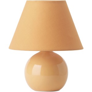 Tischleuchte Primo Pfirsich: Designlampe mit Stoffschirm und Keramikfuß in Pfirsichfarben.