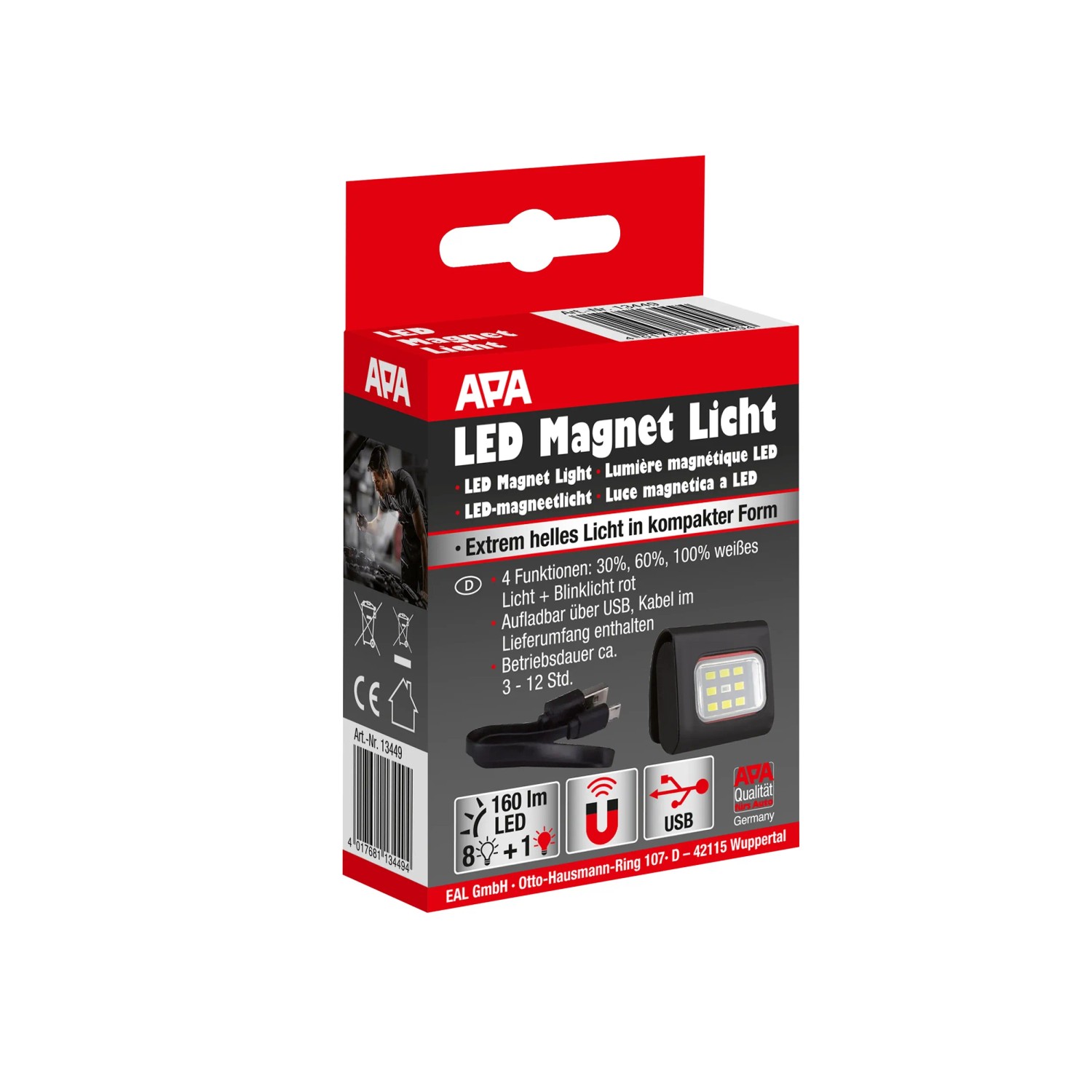 APA LED-Magnet Licht mit USB-Kabel in roter Verpackung. Kompakte Leuchte für Autoreparatur und Wartung.